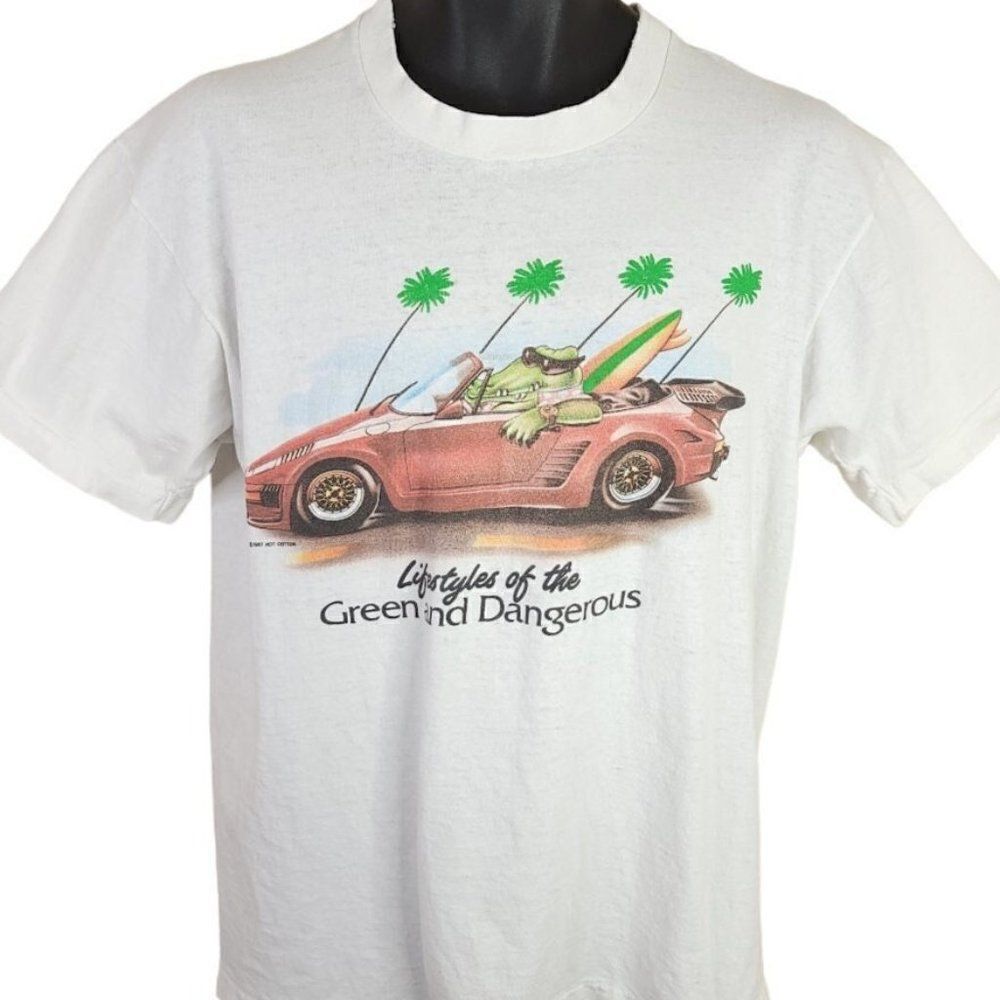 Alligator Surfer T Shirt Vintage 80s Palm Trees Sports Car Made In USA Mens L